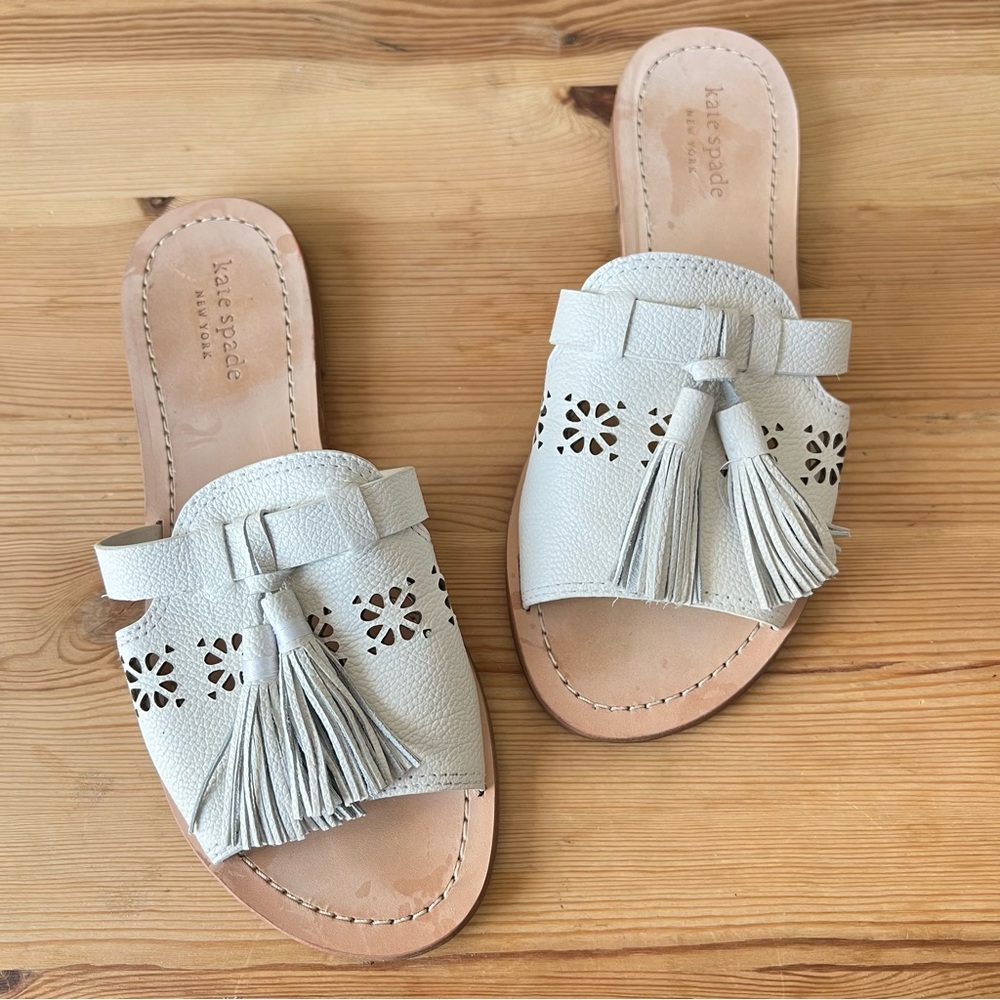 Kate Spade Claire Slides White Leather Tassel Cutout Sandals Slip On US 7 $198